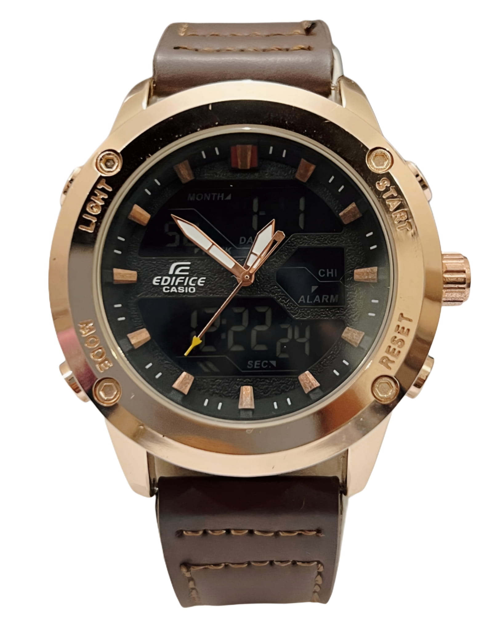 Edifice Style Luxury Dual Display Men Watch – Leather Strap & Gold Case