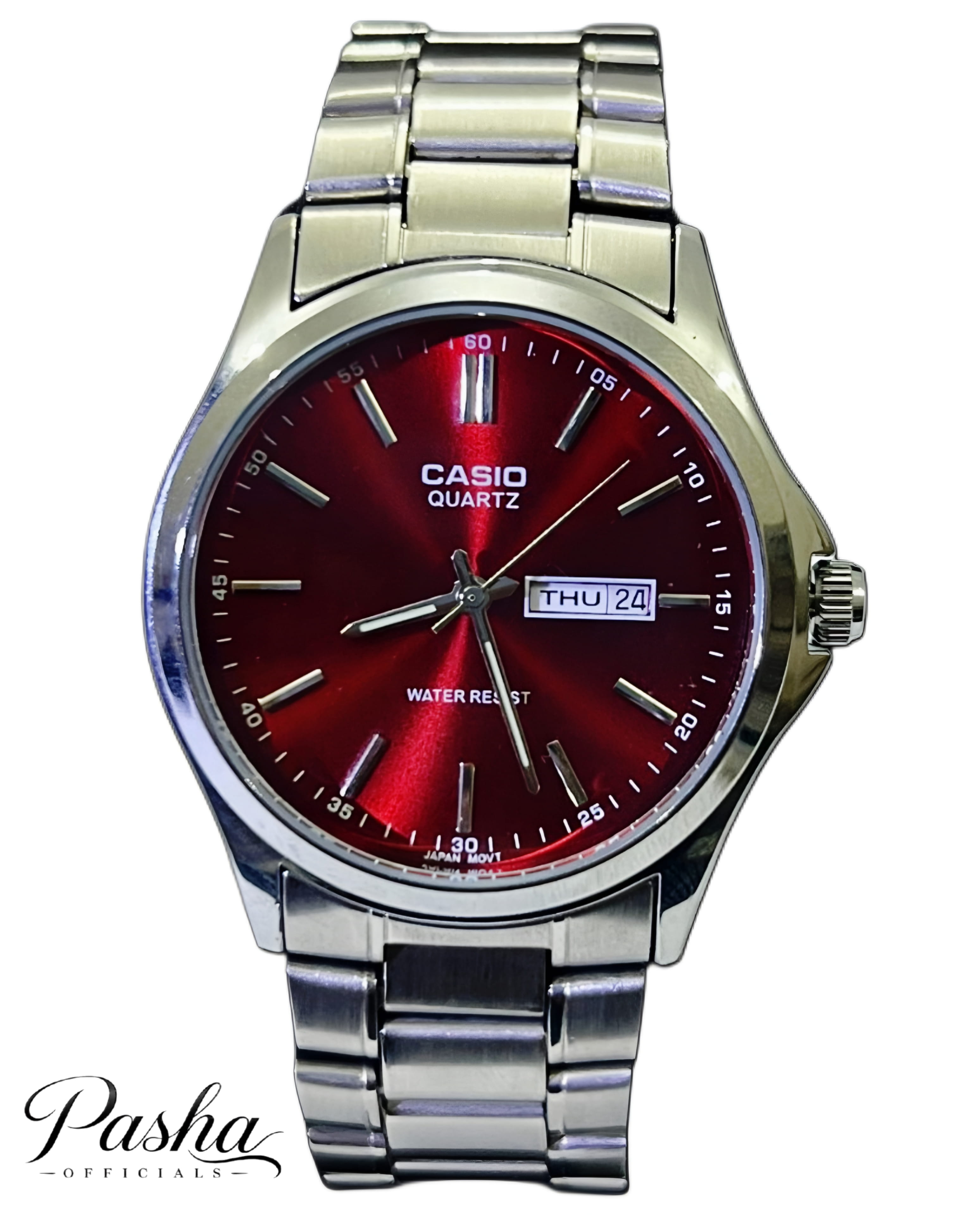 Casio Quartz Candy Red Dial Stainless Steel Men’s Watch – Day & Date Edition