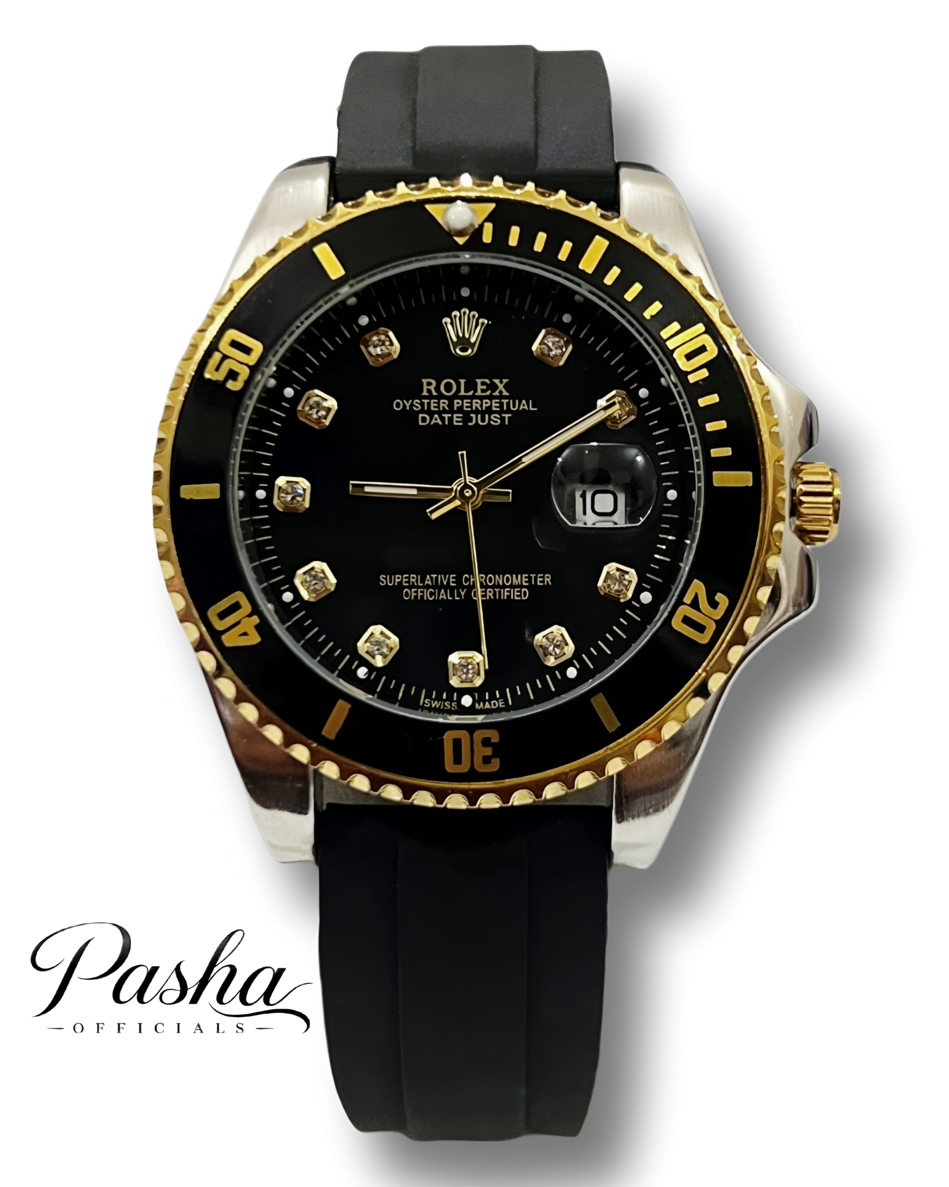 Rolex Datejust Style Black & Gold Silicone Strap Watch – Premium Rotating Dial Men's Wrist Watch